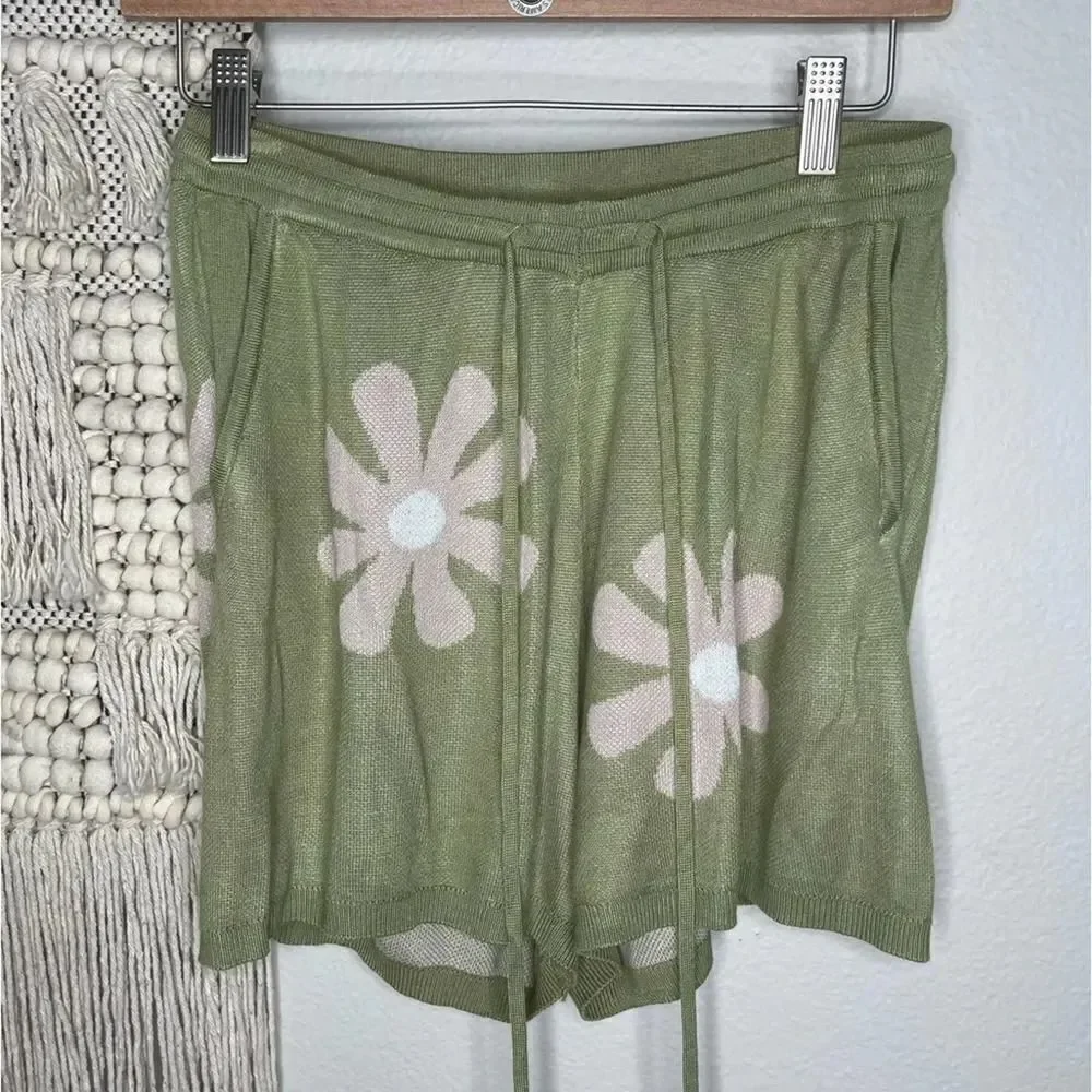 Ekouaer Green Knit Flower Print Shorts